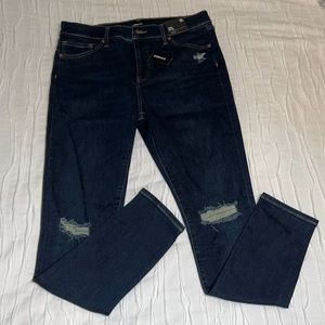 Express Mid Rise Dark Wash Ripped Supersoft Skinny Jean
